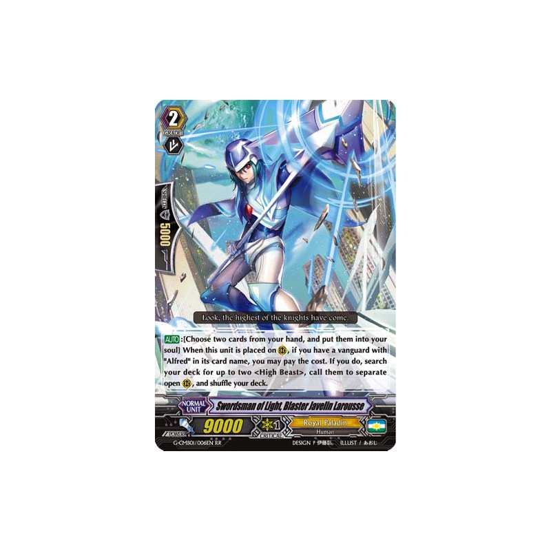 Vanguard_TCG_card_G-CMB01_006EN_RR_Swordsman_of_Light_Blaster_Javelin_Larousse_Vanguard_Deletor