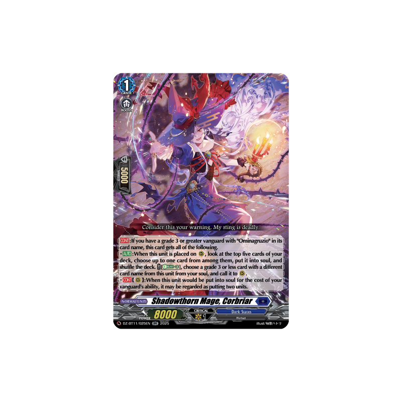 Vanguard_TCG_card_DZ-BT11_025EN_RR_Shadowthorn_Mage_Corbriar_Symphony_of_Might_Bloom