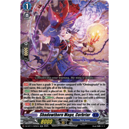 Vanguard_TCG_card_DZ-BT11_025EN_RR_Shadowthorn_Mage_Corbriar_Symphony_of_Might_Bloom