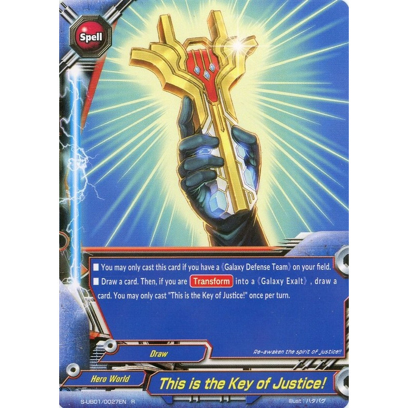 buddyfight-tcg-card-foil-s-ub01-0027en-foil-r-this-is-the-key-of-justice-superhero-wars-advent-of-cosmoman