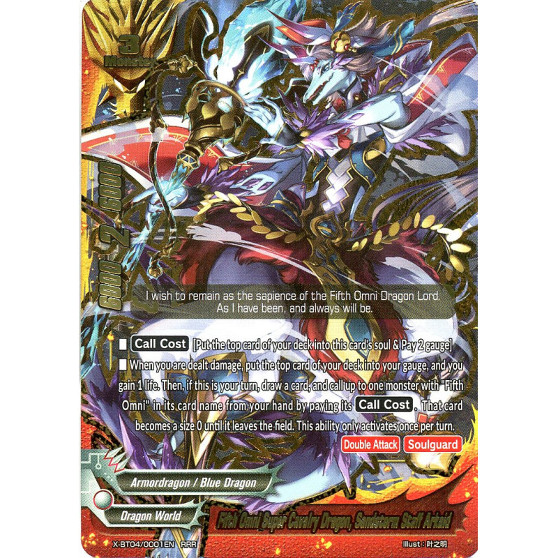 buddyfight-tcg-card-x-bt04-0001en-rrr-fifth-omni-super-cavalry-dragon-sandstorm-staff-arkaid-rainbow-striker