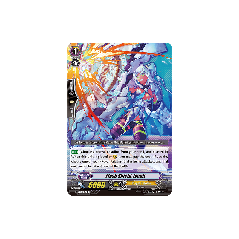 Vanguard_TCG_card_BT01_011EN_RR_Flash_Shield_Iseult_Descent_of_the_King_of_Knights