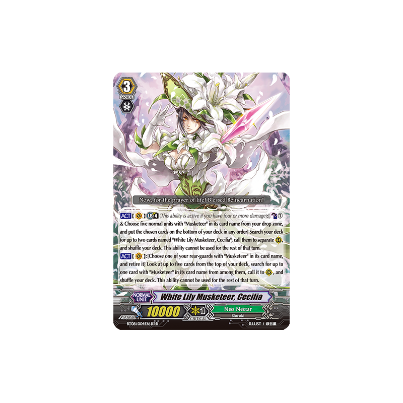 Vanguard_TCG_card_BT08_004EN_RRR_White_Lily_Musketeer_Cecilia_Blue_Storm_Armada