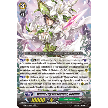 Vanguard_TCG_card_BT08_004EN_RRR_White_Lily_Musketeer_Cecilia_Blue_Storm_Armada