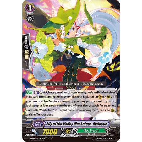 Vanguard_TCG_card_BT08_015EN_RR_Lily_of_the_Valley_Musketeer_Rebecca_Blue_Storm_Armada
