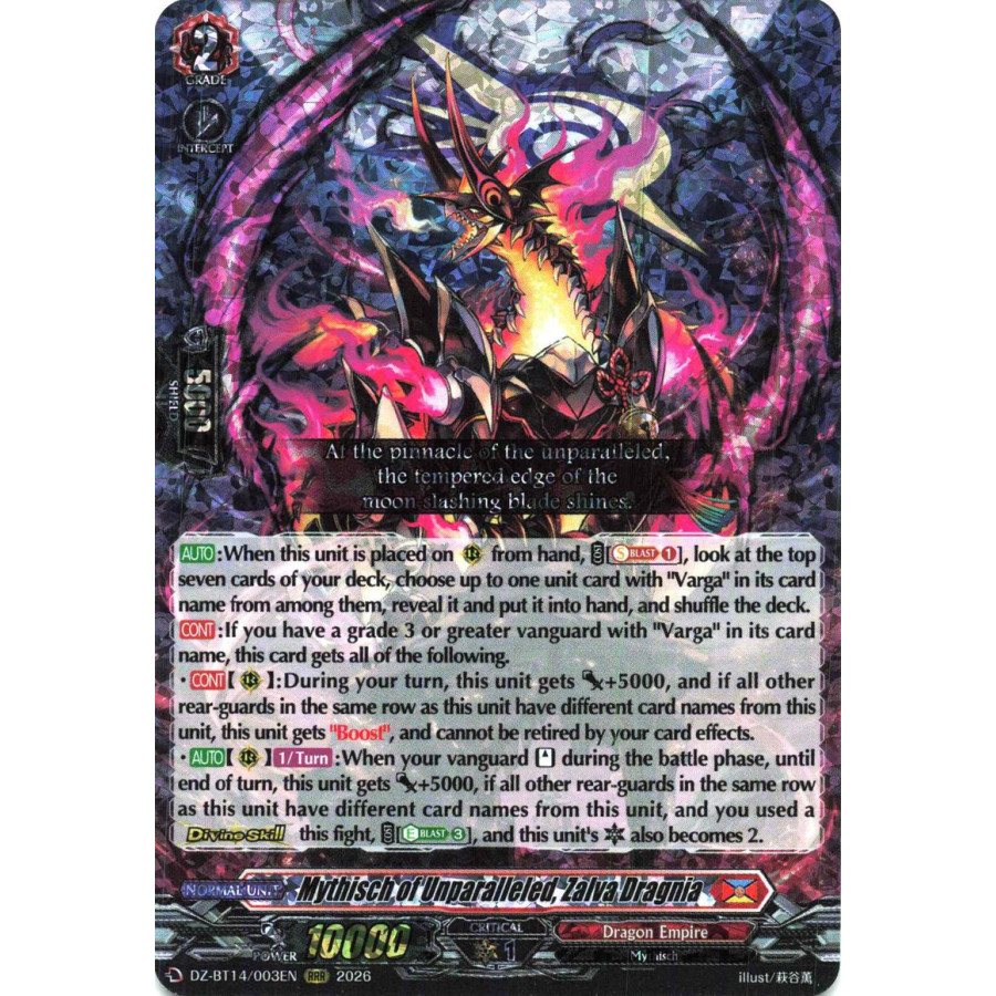 Vanguard TCG card DZ-BT14/003EN RRR Mythisch of Unparalleled, Zalva Dragnia Envoys of the Crimson Moon