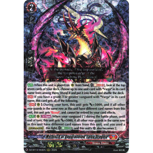 Vanguard TCG card DZ-BT14/003EN RRR Mythisch of Unparalleled, Zalva Dragnia Envoys of the Crimson Moon