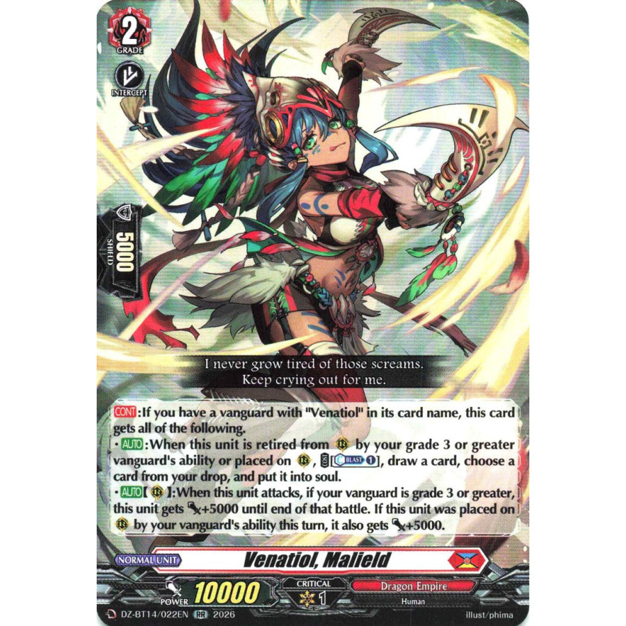 Vanguard TCG card DZ-BT14/022EN RR Venatiol, Malield Envoys of the Crimson Moon