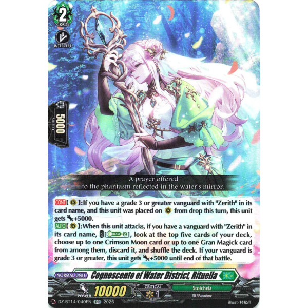 Vanguard TCG card DZ-BT14/040EN RR Cognoscente of Water District, Rituella Envoys of the Crimson Moon