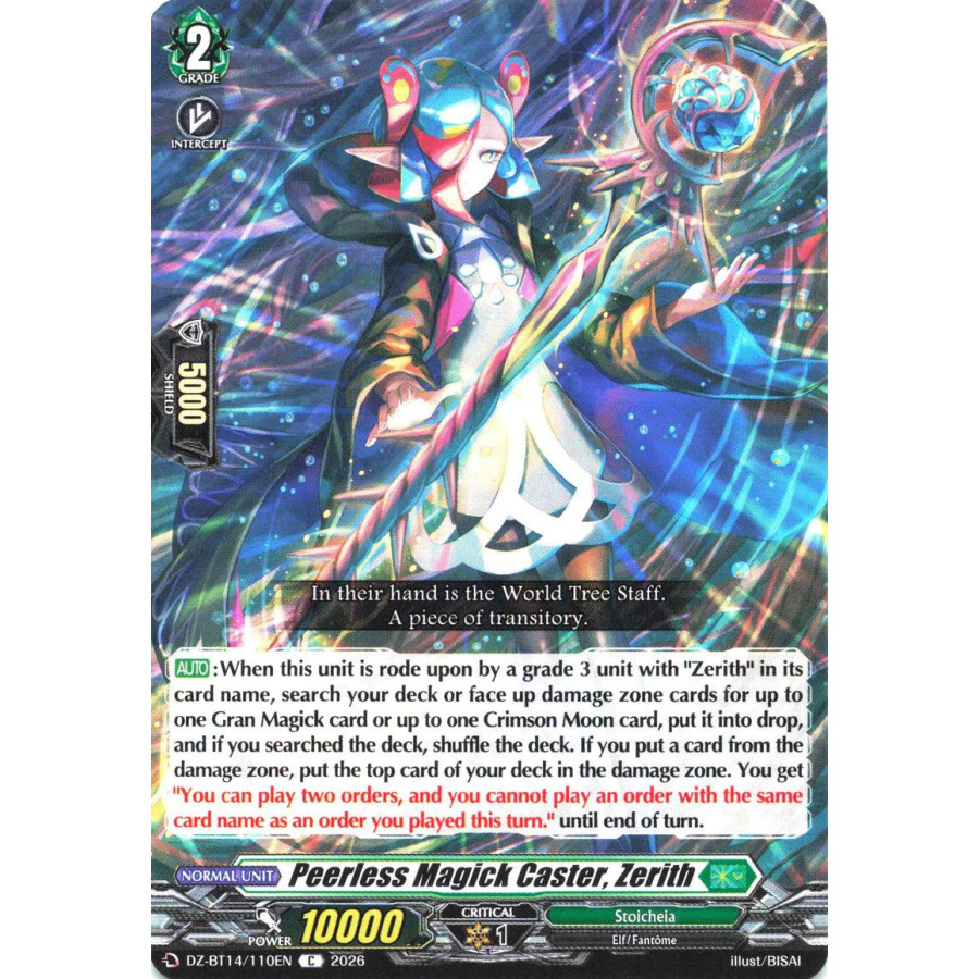 Vanguard TCG card DZ-BT14/110EN C Peerless Magick Caster, Zerith Envoys of the Crimson Moon