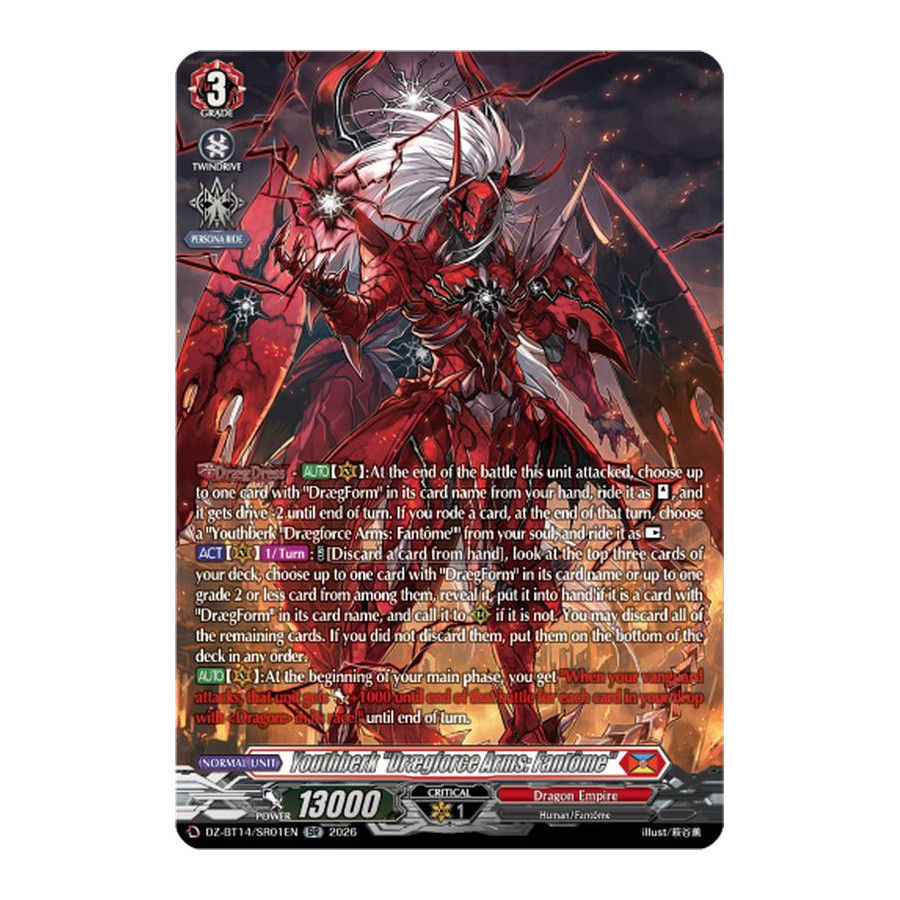 Vanguard TCG card DZ-BT14/SR01EN SR Youthberk Drægforce Arms: Fantôme Envoys of the Crimson Moon
