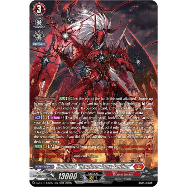 Vanguard TCG card DZ-BT14/SR01EN SR Youthberk Drægforce Arms: Fantôme Envoys of the Crimson Moon