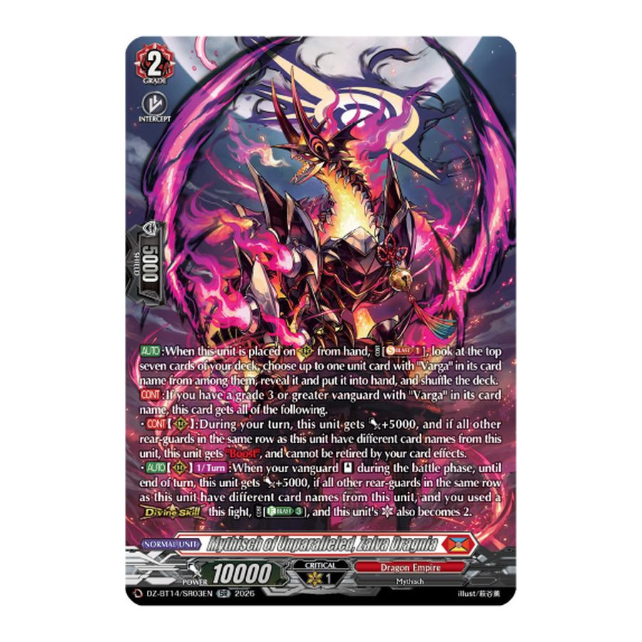 Vanguard TCG card DZ-BT14/SR03EN SR Mythisch of Unparalleled, Zalva Dragnia Envoys of the Crimson Moon