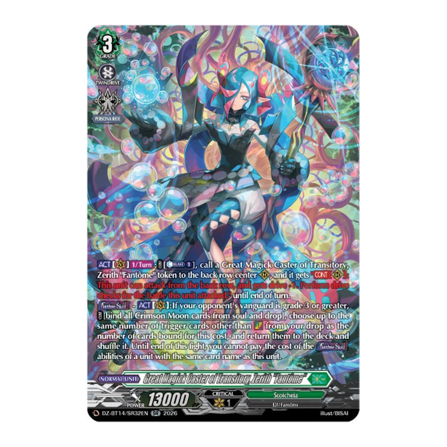 Vanguard TCG card DZ-BT14/SR32EN SR Great Magick Caster of Transitory, Zerith Fantôme Envoys of the Crimson Moon