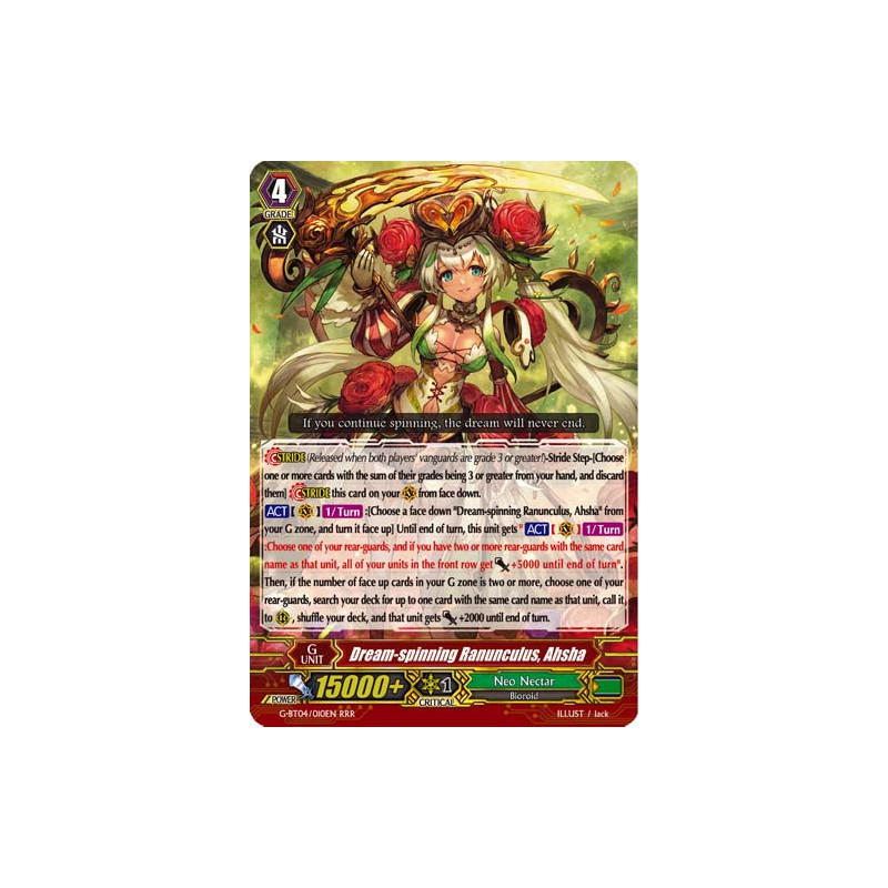 Vanguard_TCG_card_G-BT04_010EN_RRR_Dream-spinning_Ranunculus_Ahsha_Soul_Strike_Against_The_Supreme