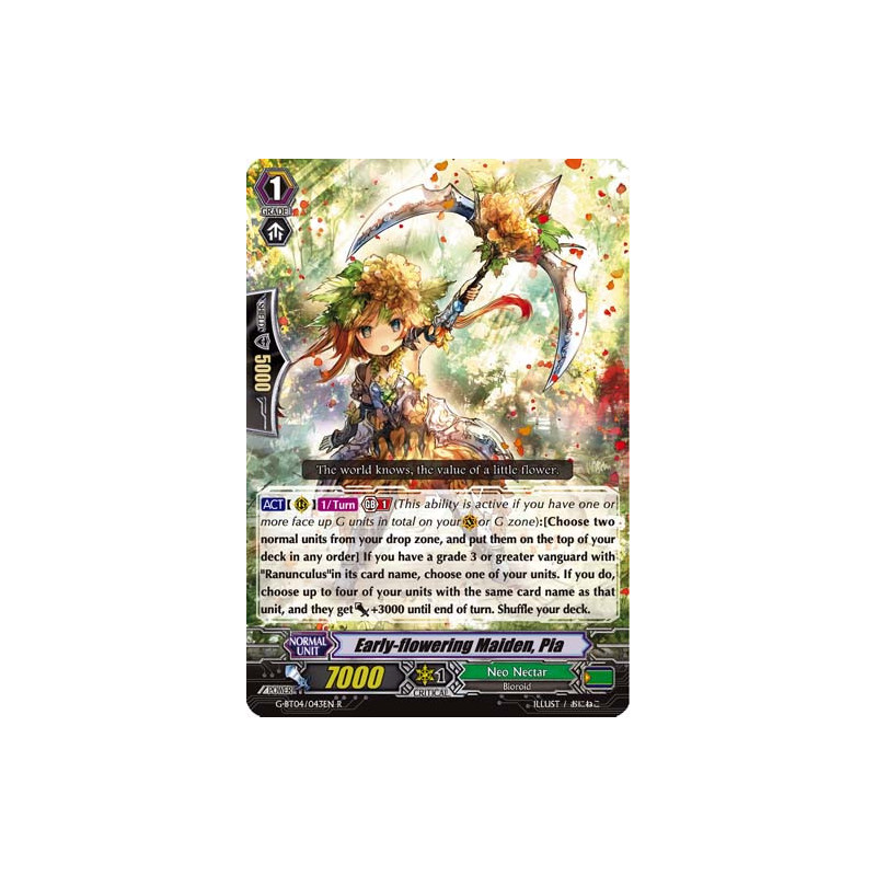 Vanguard_TCG_card_G-BT04_043EN_R_Early-flowering_Maiden_Pia_Soul_Strike_Against_The_Supreme