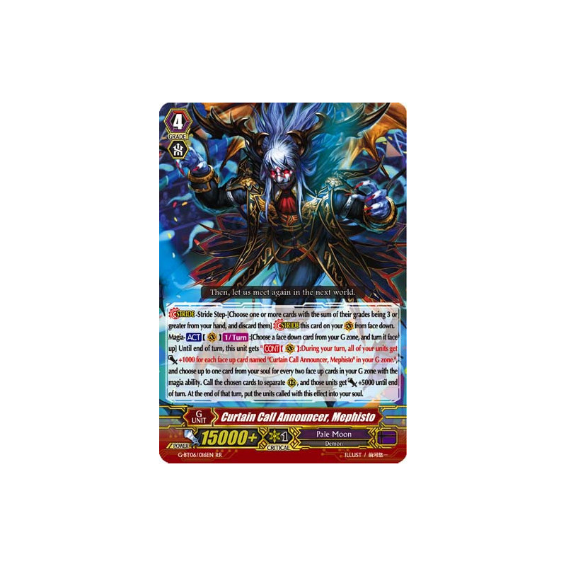 Vanguard_TCG_card_G-BT06_016EN_RR_Curtain_Call_Announcer_Mephisto_Transcension_of_Blade_and_Blossom