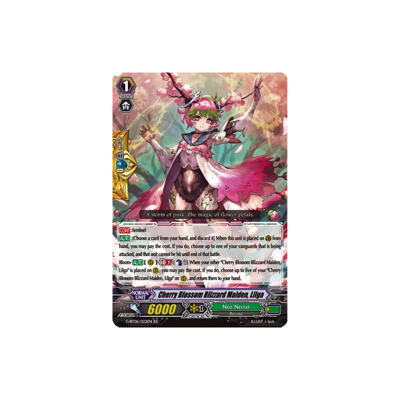 Vanguard_TCG_card_G-BT06_022EN_RR_Cherry_Blossom_Blizzard_Maiden_Lilga_Transcension_of_Blade_and_Blossom