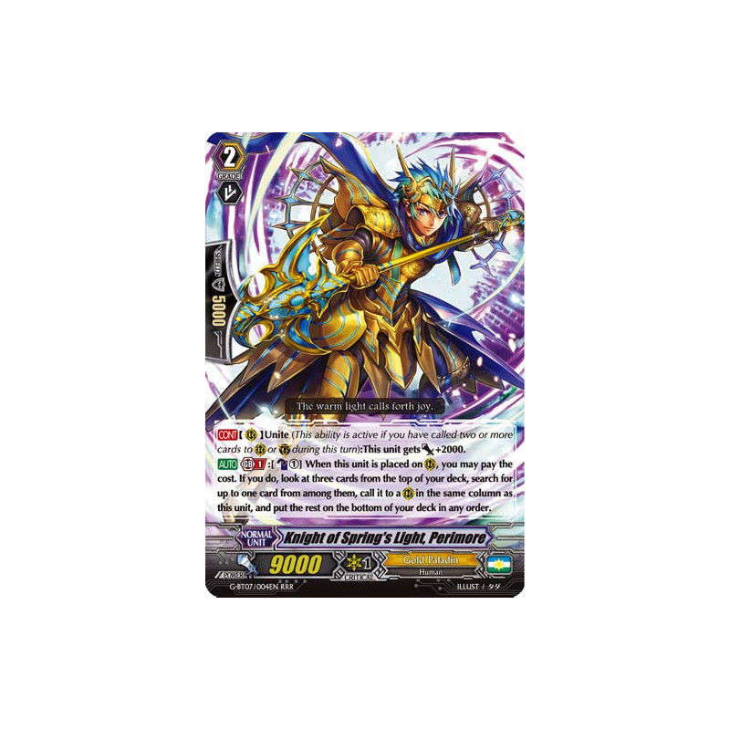 Vanguard_TCG_card_G-BT07_004EN_RRR_Knight_of_Spring_s_Light_Perimore_Glorious_Bravery_of_Radiant_Sword