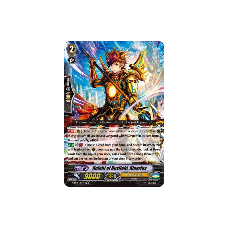 Vanguard_TCG_card_G-BT10_012EN_RR_Knight_of_Daylight_Kinarius_Raging_Clash_of_the_Blade_Fangs
