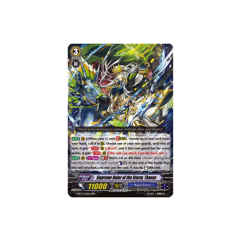 Vanguard_TCG_card_G-BT13_012EN_RRR_Supreme_Ruler_of_the_Storm_Thavas_Ultimate_Stride